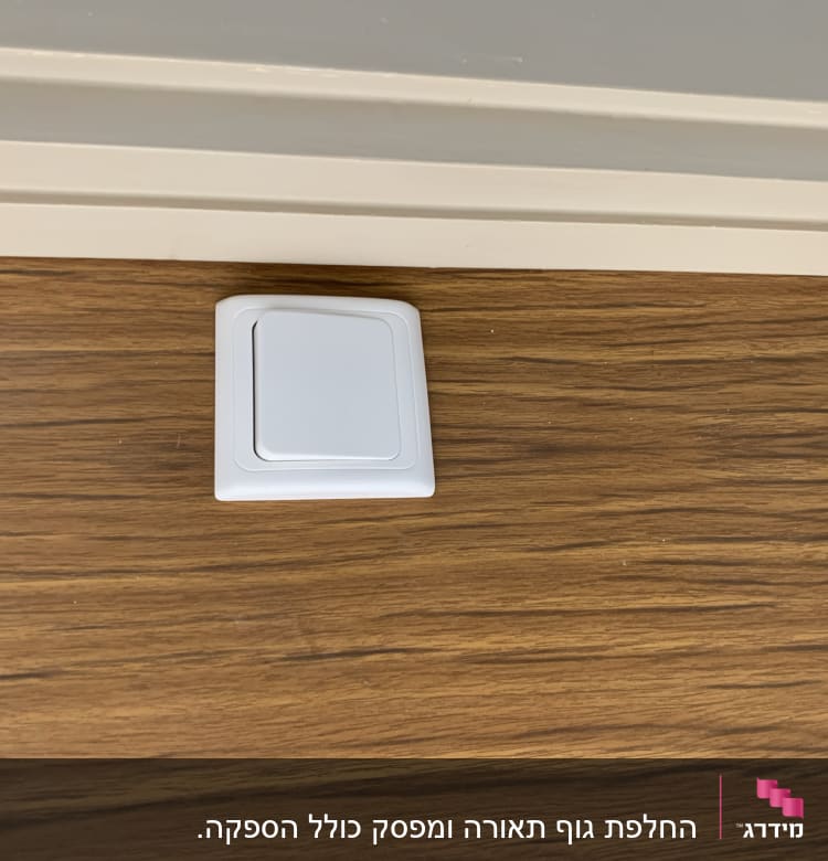 מתג חשמלי לבן על קיר עץ